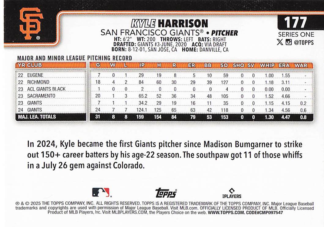 2025 Topps Baseball Kyle Harrison #177
