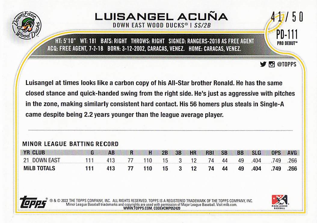 2022 Topps Pro Debut Baseball Gold 41/50 Luisangel Acuña #PD-111