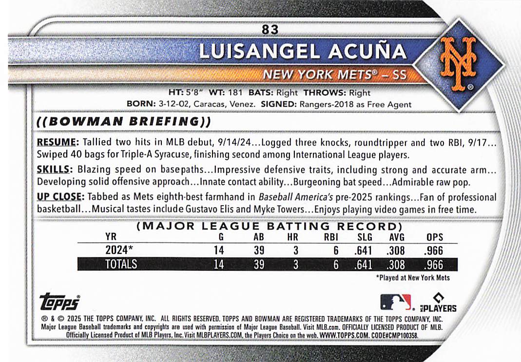 2025 Bowman Baseball Luisangel Acuña #83 Rookie