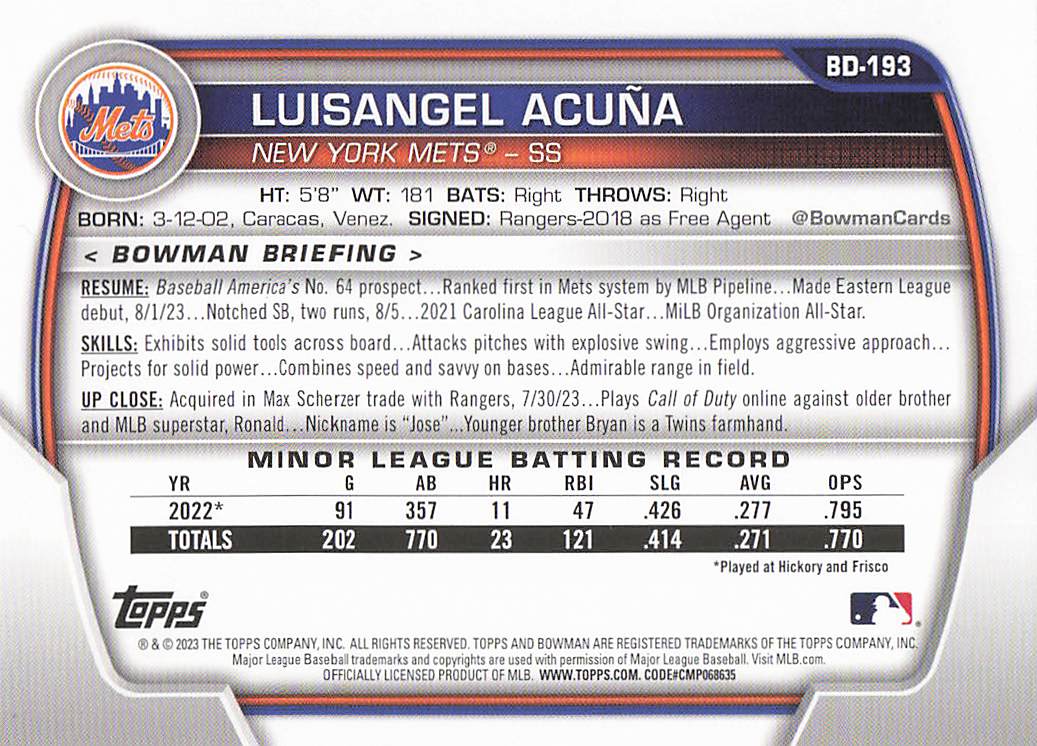 2023 Bowman Draft Baseball Luisangel Acuña #BDC-193