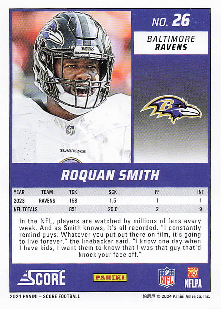 2024 Score Football Roquan Smith #26