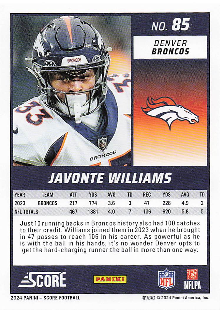 2024 Score Football Javonte Williams #85