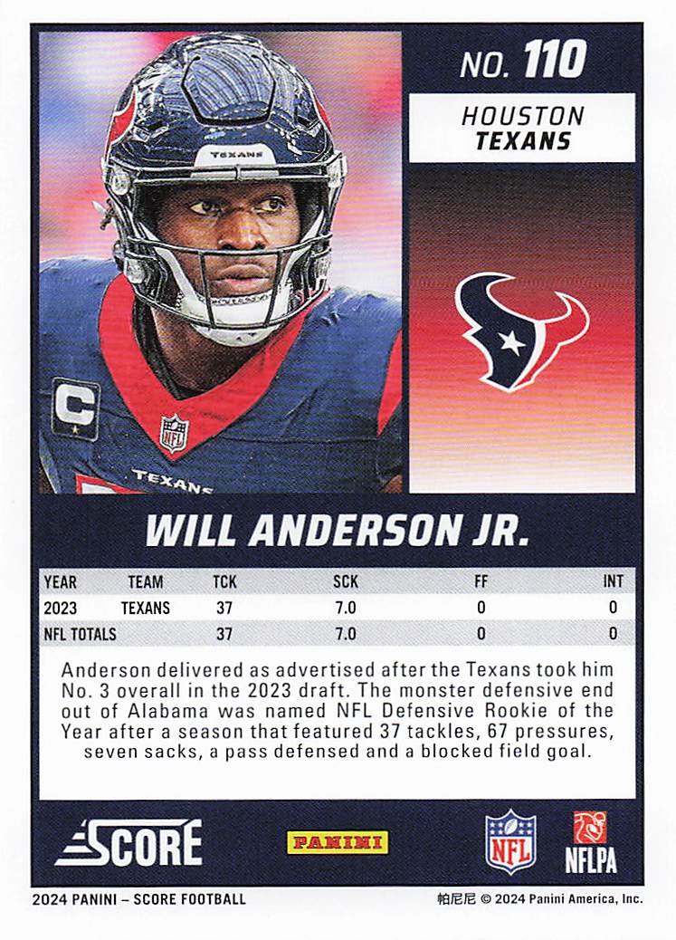 2024 Score Football Will Anderson Jr. #110