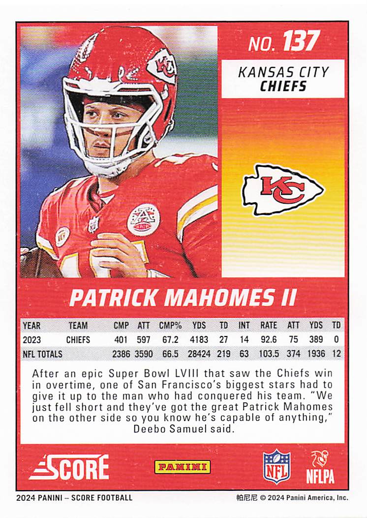 2024 Score Football Patrick Mahomes II #137