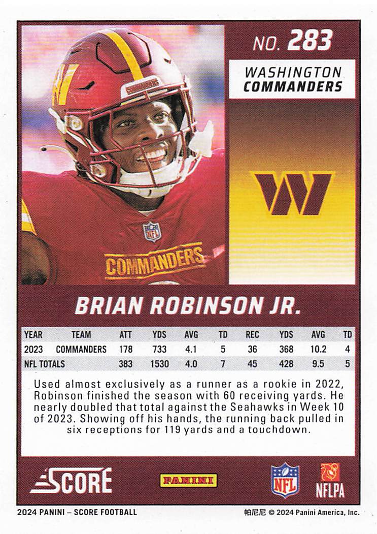 2024 Score Football Brian Robinson Jr. #283