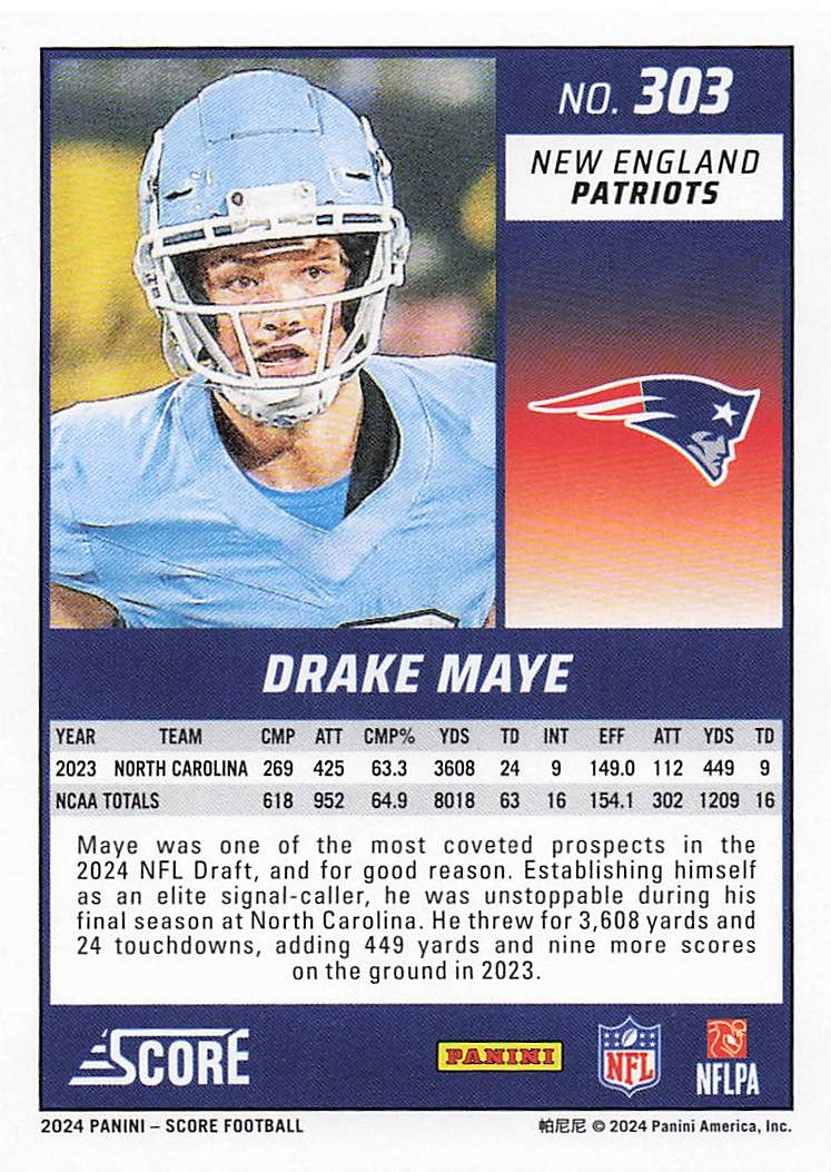 2024 Score Football Drake Maye #303 RC
