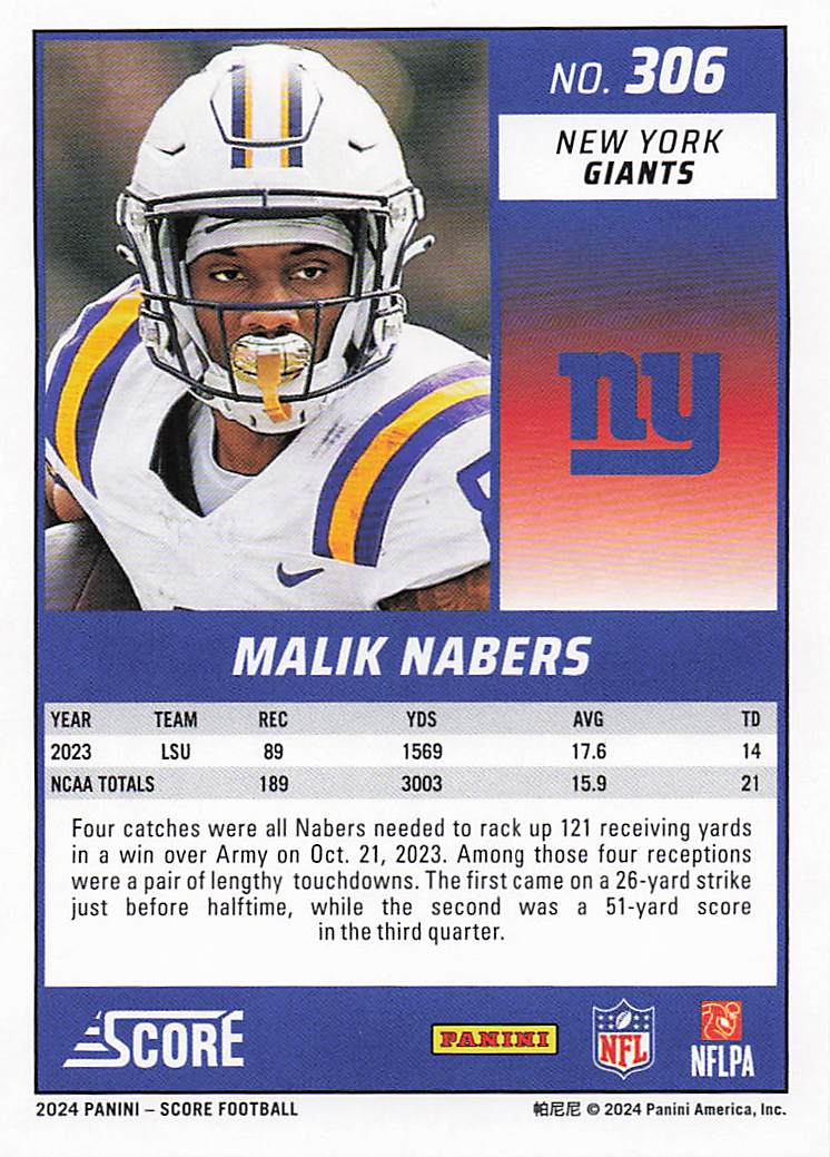 2024 Score Football Malik Nabers #306 RC