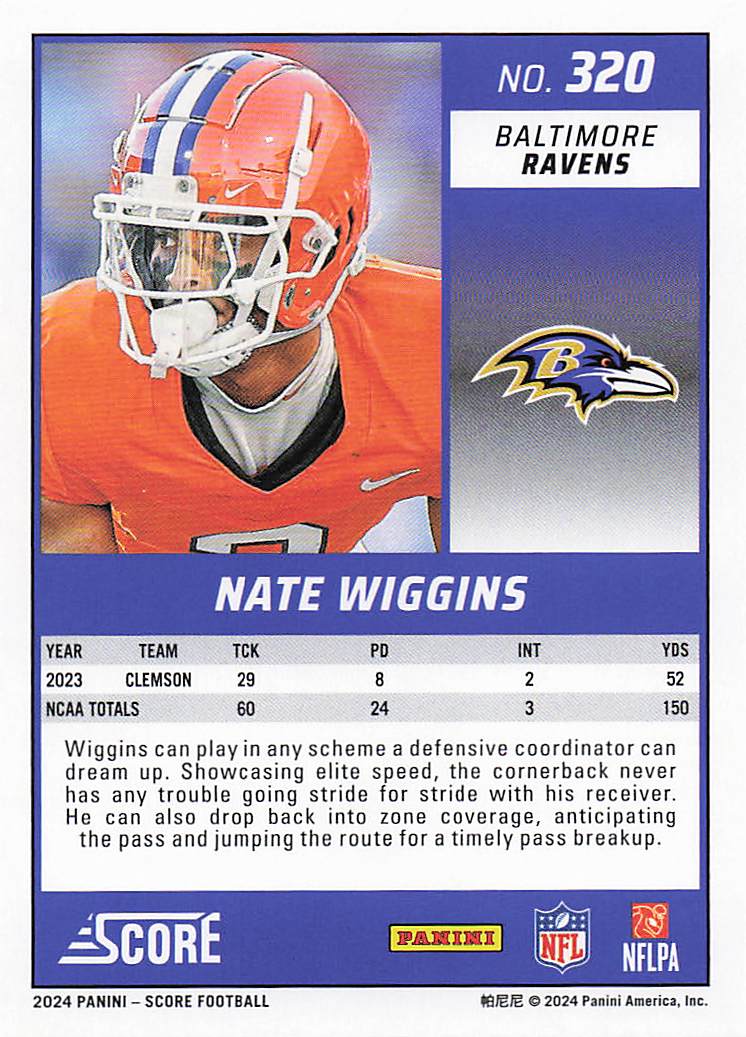 2024 Score Football Nate Wiggins #320 RC