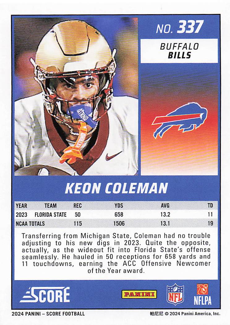 2024 Score Football Keon Coleman #337 RC