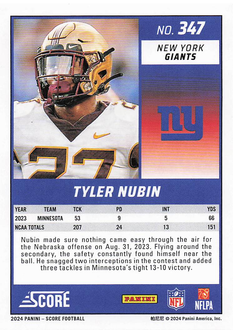 2024 Score Football Tyler Nubin #347 RC