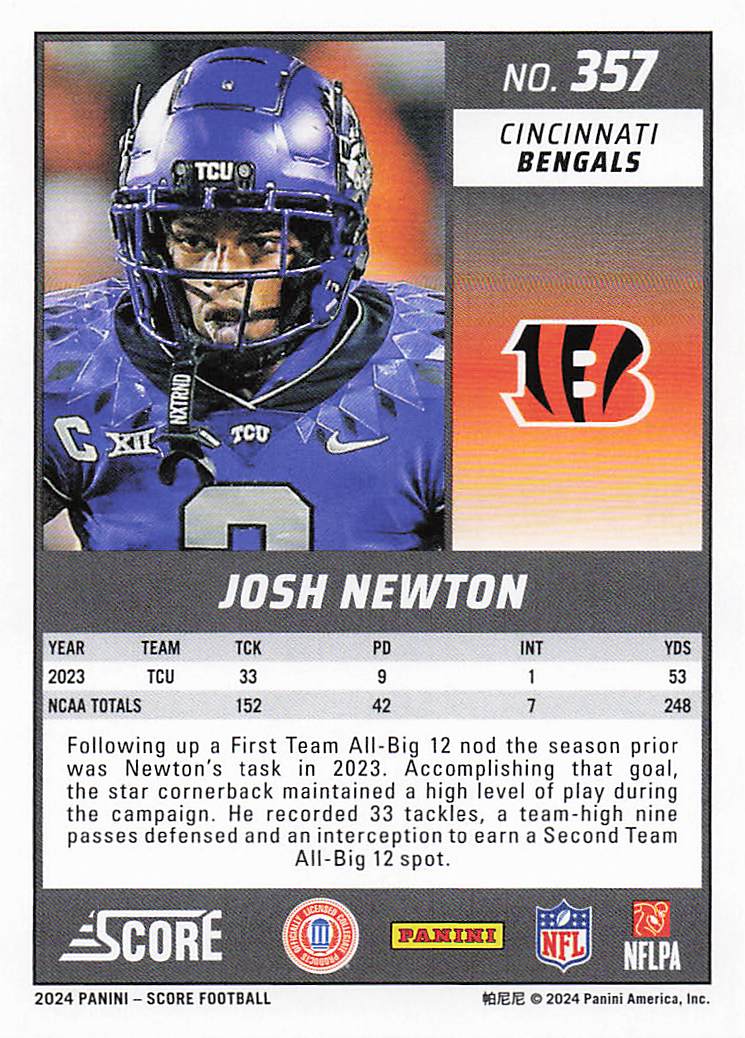 2024 Score Football Josh Newton #357 RC