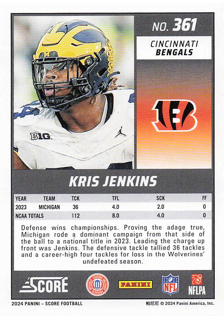 2024 Score Football Kris Jenkins #361 RC