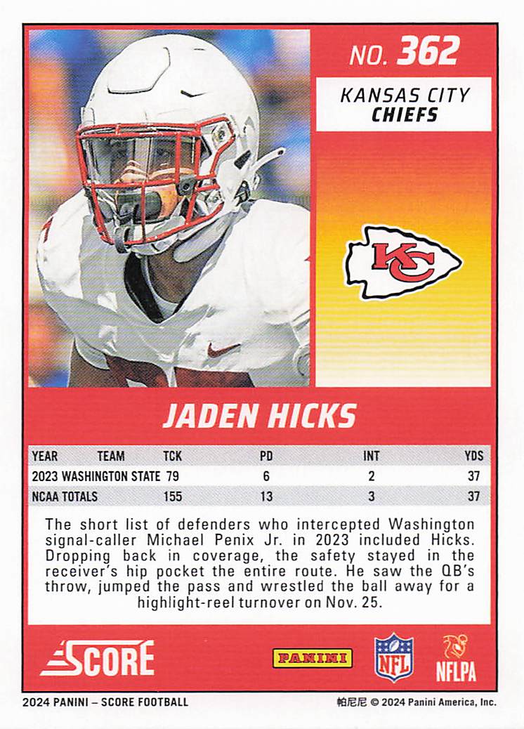 2024 Score Football Jaden Hicks #362 RC