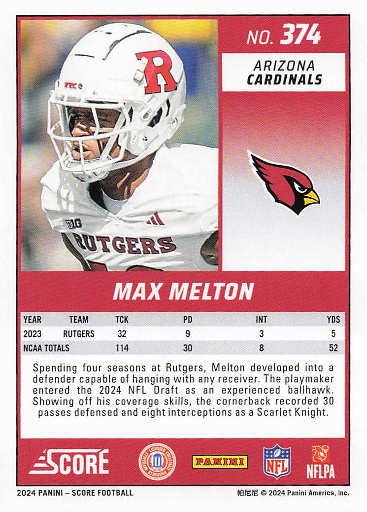 2024 Score Football Max Melton #374 RC