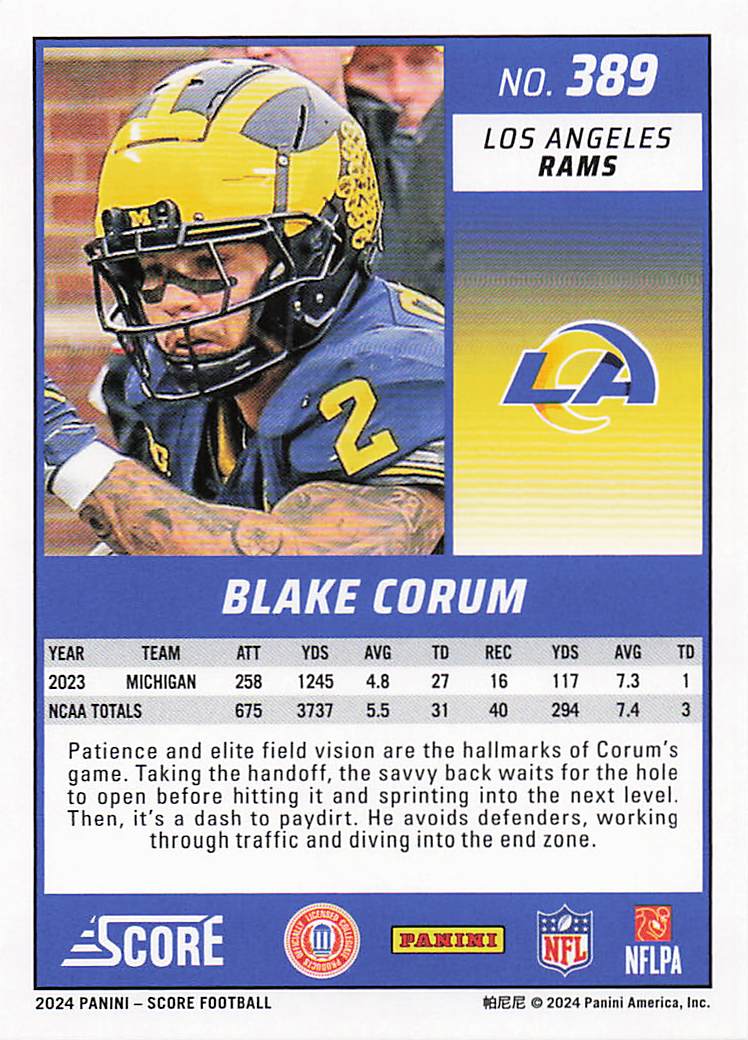 2024 Score Football Blake Corum #389 RC