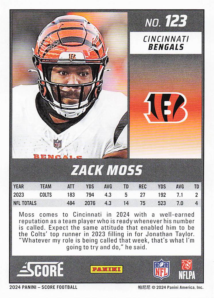 2024 Score Football Green Zack Moss #123