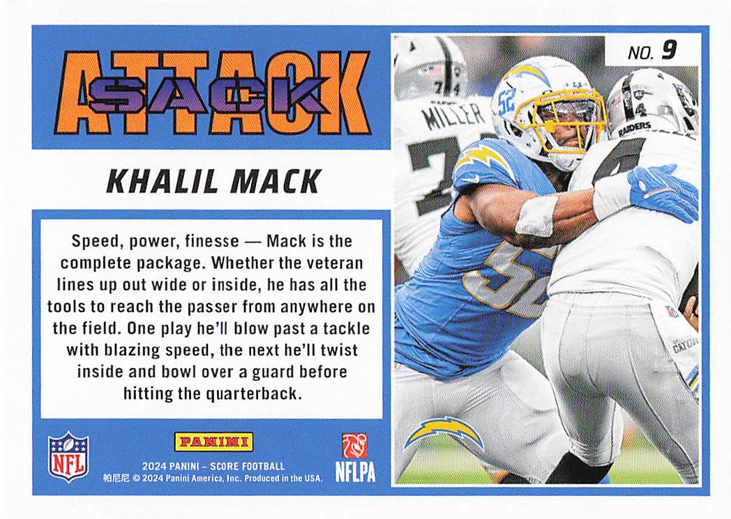 2024 Score Football Sack Attack Khalil Mack #9