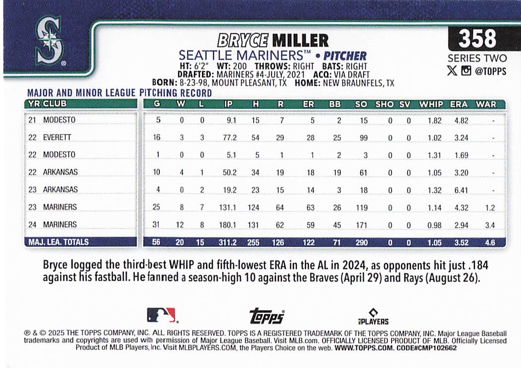 2025 Topps Baseball Bryce Miller #358