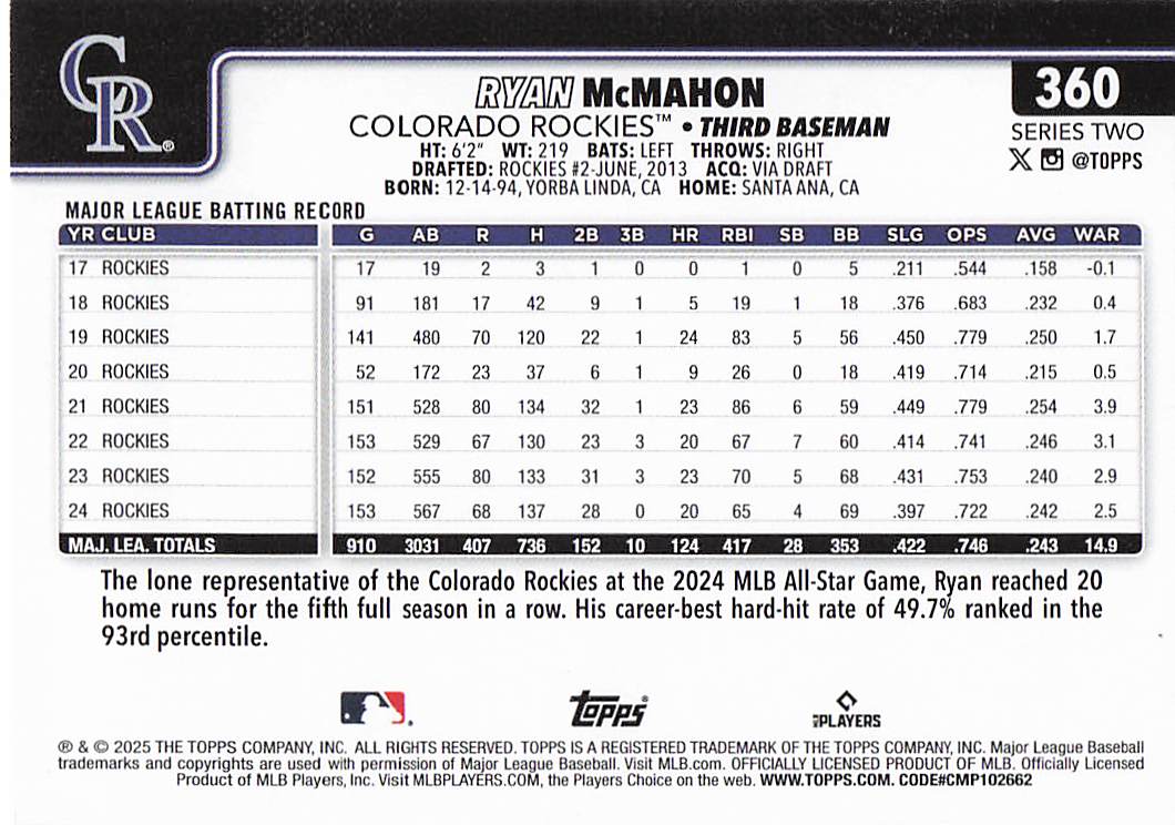 2025 Topps Baseball Ryan McMahon #360