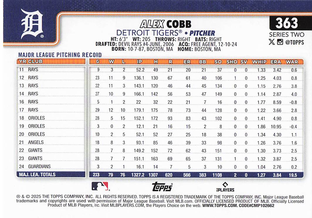 2025 Topps Baseball Alex Cobb #363