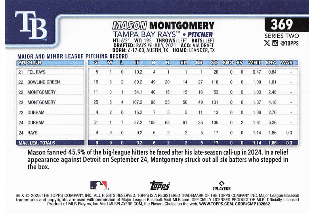 2025 Topps Baseball Mason Montgomery #369