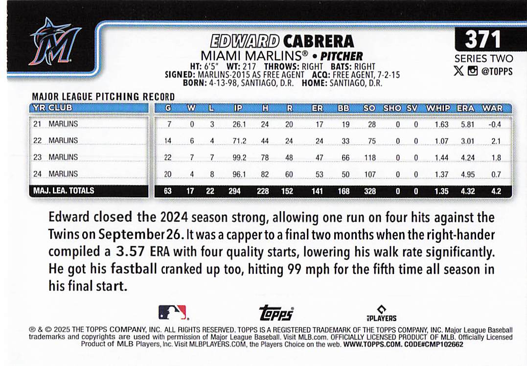 2025 Topps Baseball Edward Cabrera #371