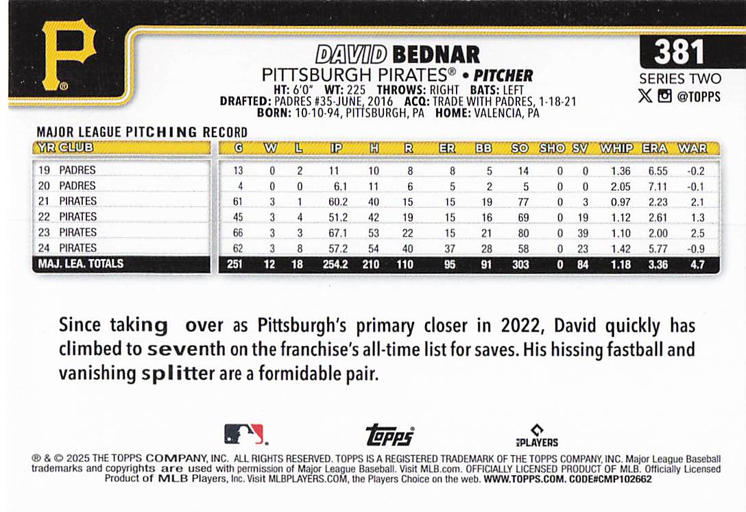 2025 Topps Baseball David Bednar #381