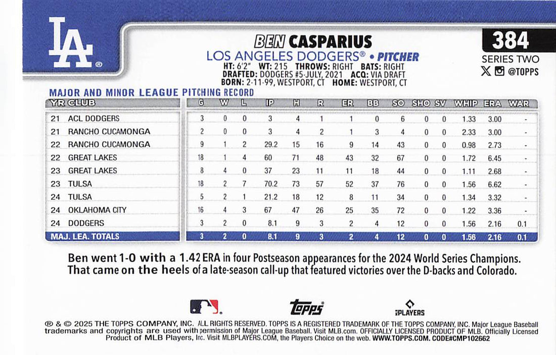 2025 Topps Baseball Ben Casparius #384 Rookie
