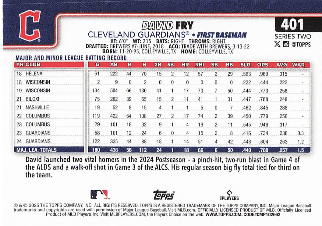 2025 Topps Baseball David Fry #401