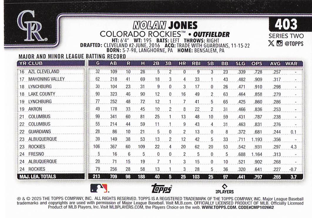2025 Topps Baseball Nolan Jones #403
