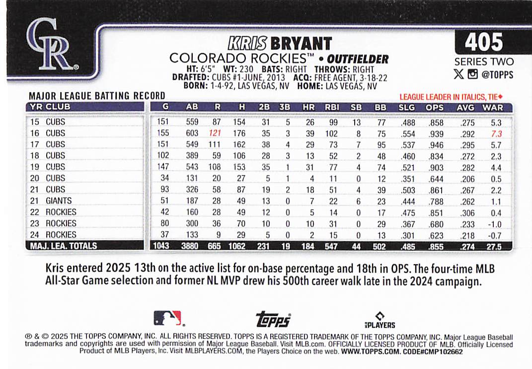 2025 Topps Baseball Kris Bryant #405