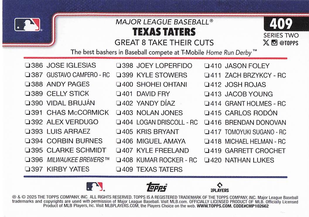 2025 Topps Baseball Texas Taters: Great 8 Take Their Cuts #409
