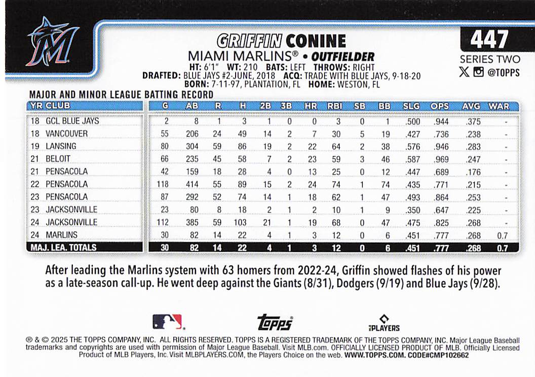 2025 Topps Baseball Griffin Conine #447 Rookie