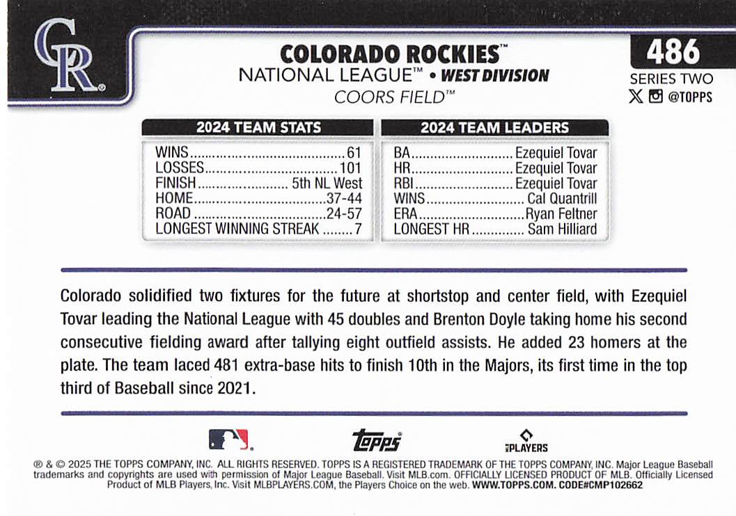 2025 Topps Baseball Colorado Rockies #486