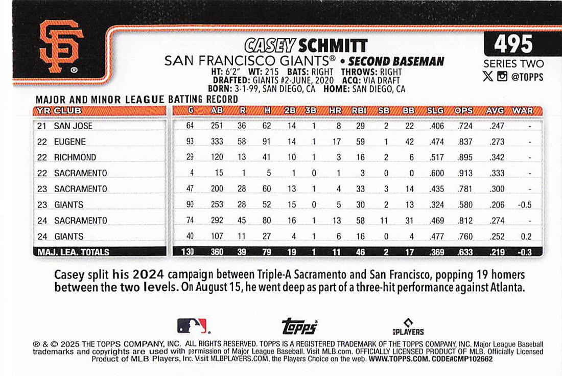 2025 Topps Baseball Casey Schmitt #495