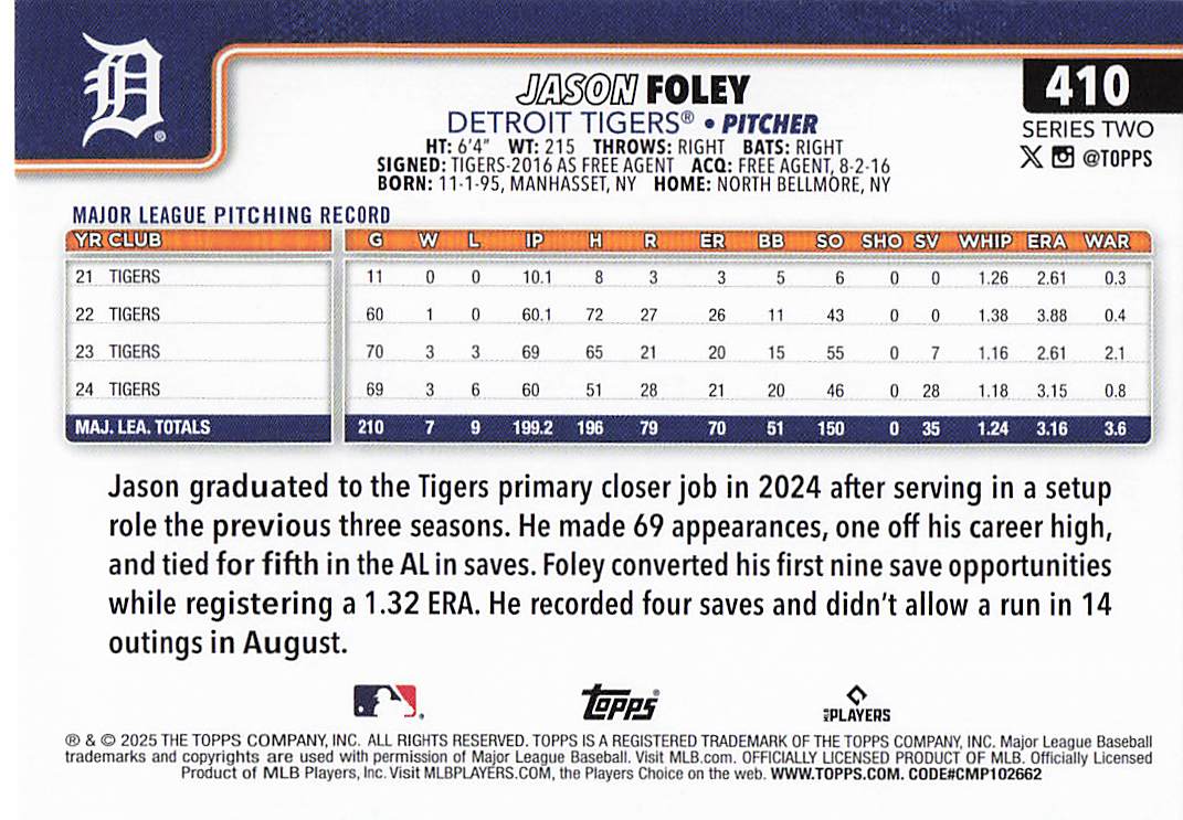 2025 Topps Baseball Team Color Border Jason Foley #410