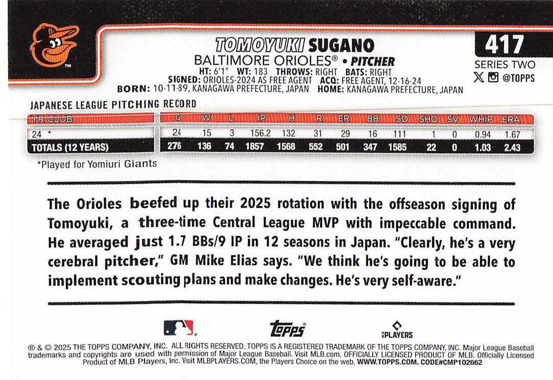 2025 Topps Baseball Tomoyuki Sugano #417 Rookie