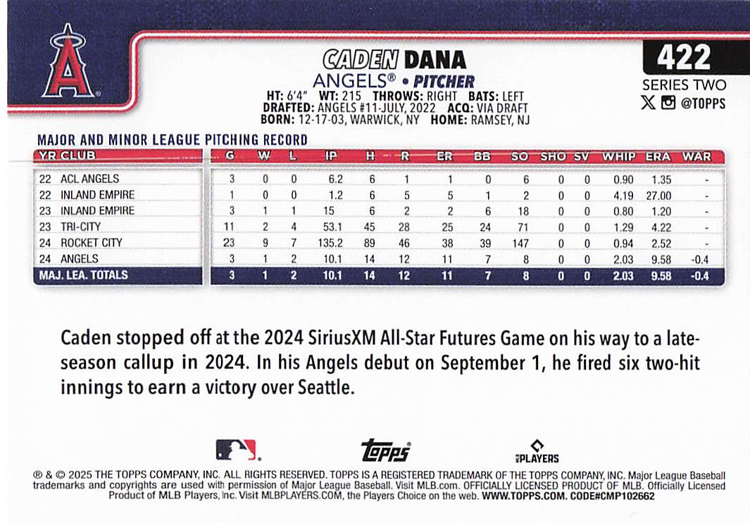 2025 Topps Baseball Caden Dana #422 Rookie