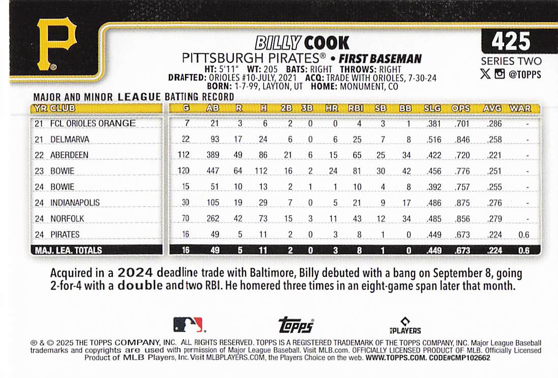 2025 Topps Baseball Billy Cook #425 Rookie