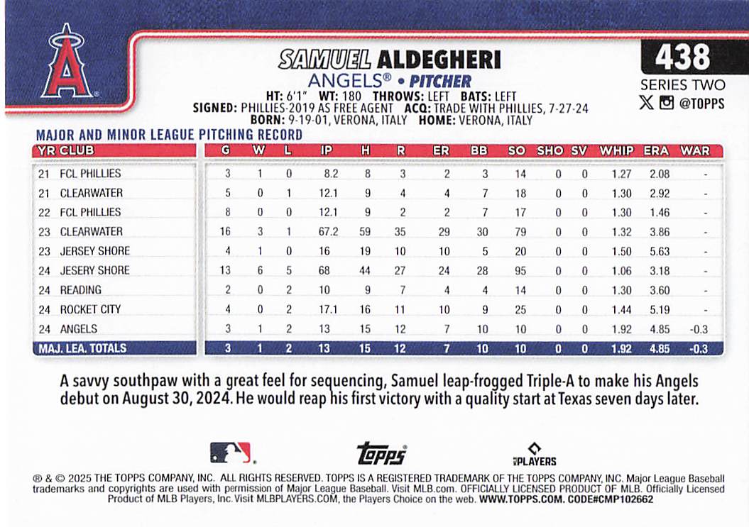2025 Topps Baseball Samuel Aldegheri #438 Rookie
