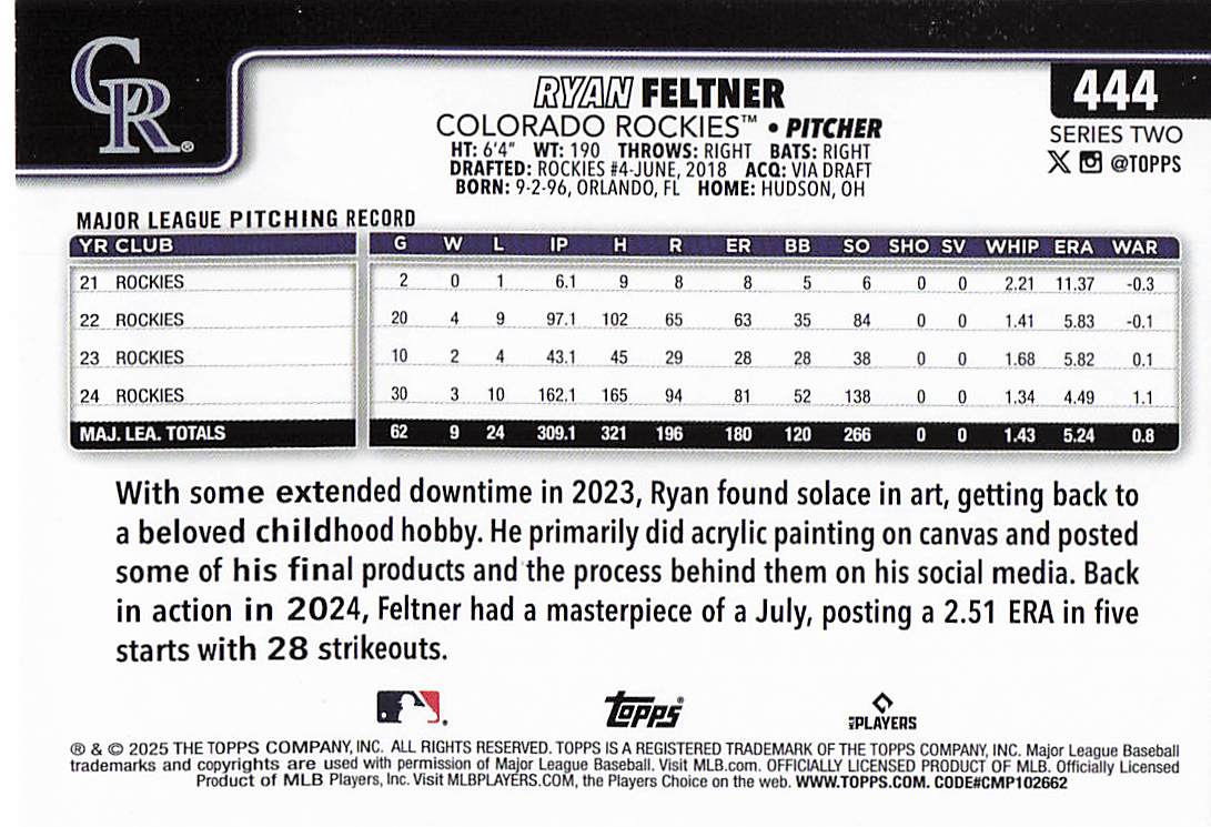 2025 Topps Baseball Ryan Feltner #444