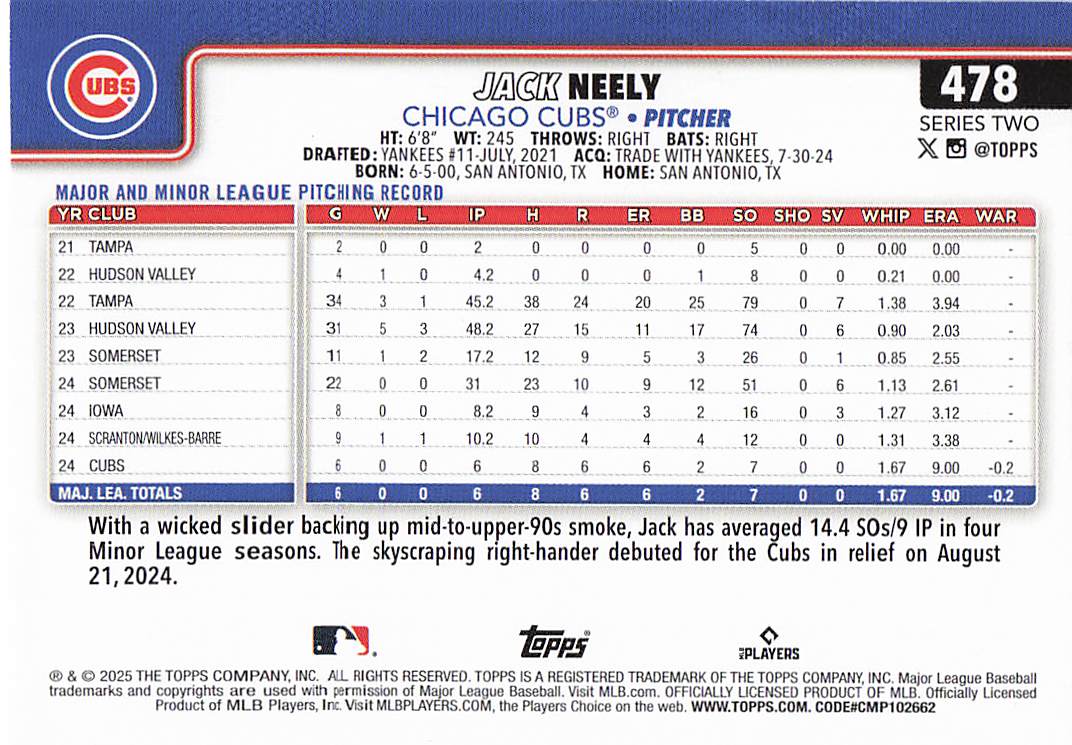 2025 Topps Baseball Jack Neely #478 Rookie