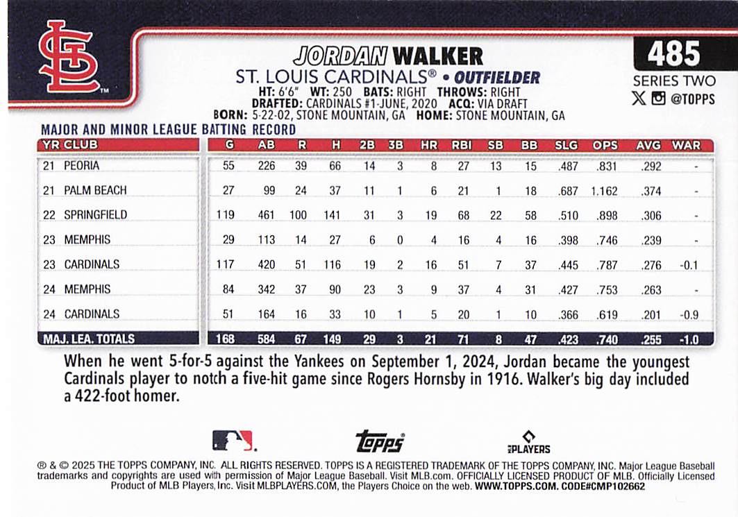 2025 Topps Baseball Jordan Walker #485