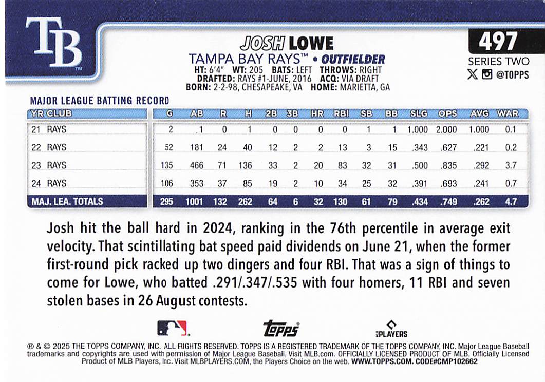 2025 Topps Baseball Josh Lowe #497
