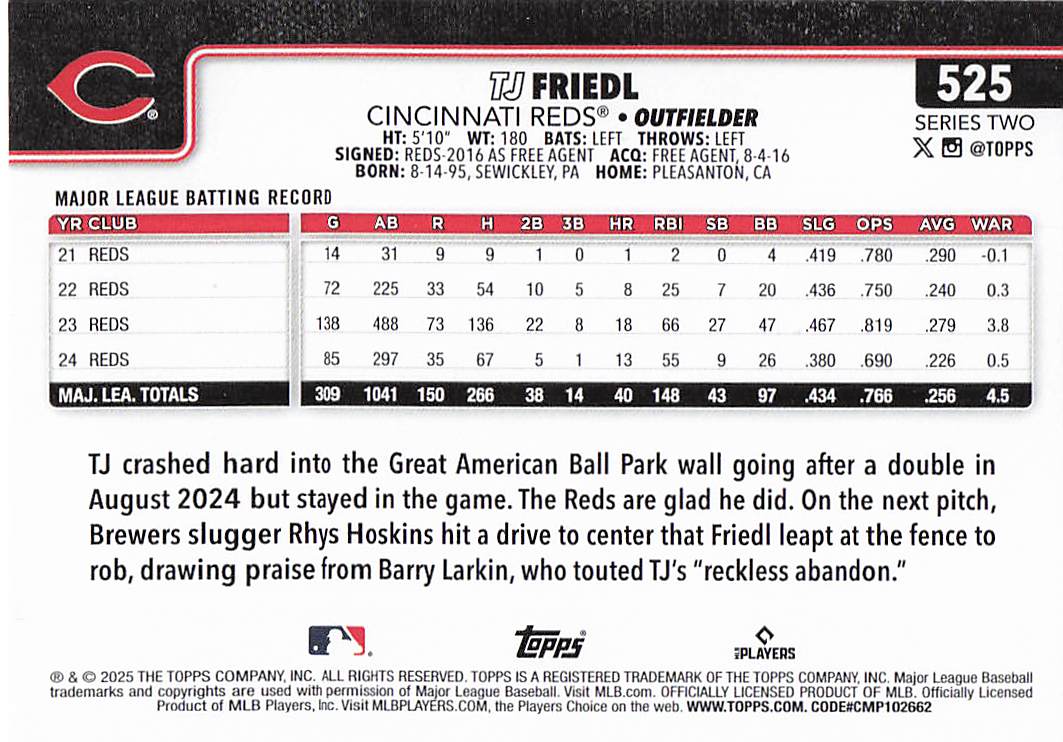 2025 Topps Baseball TJ Friedl #525