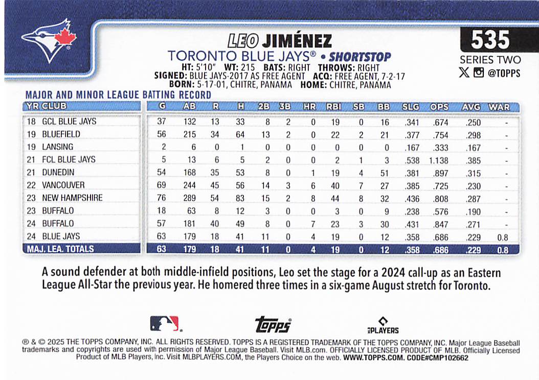2025 Topps Baseball Leo Jiménez #535 Rookie