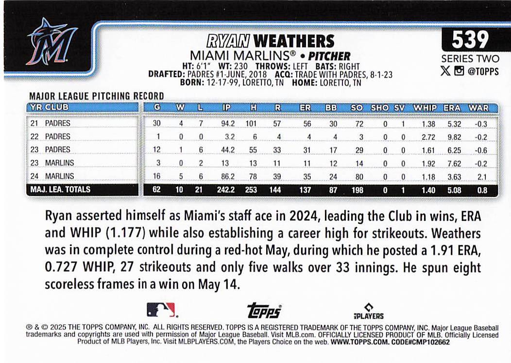 2025 Topps Baseball Ryan Weathers #539