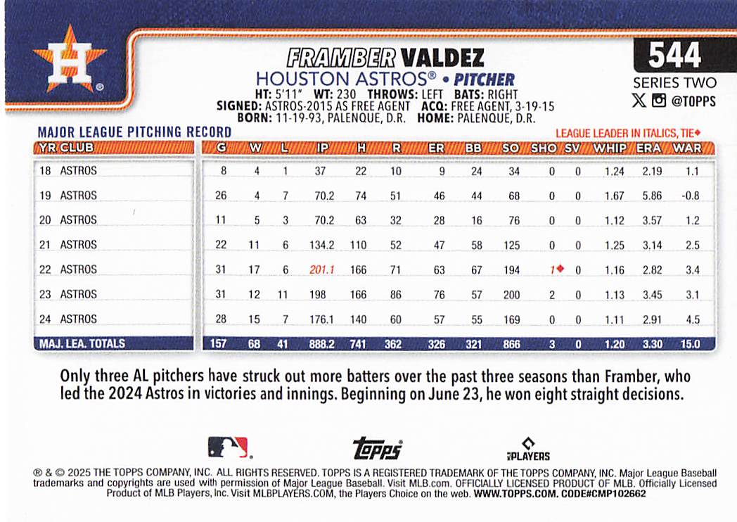 2025 Topps Baseball Framber Valdez #544