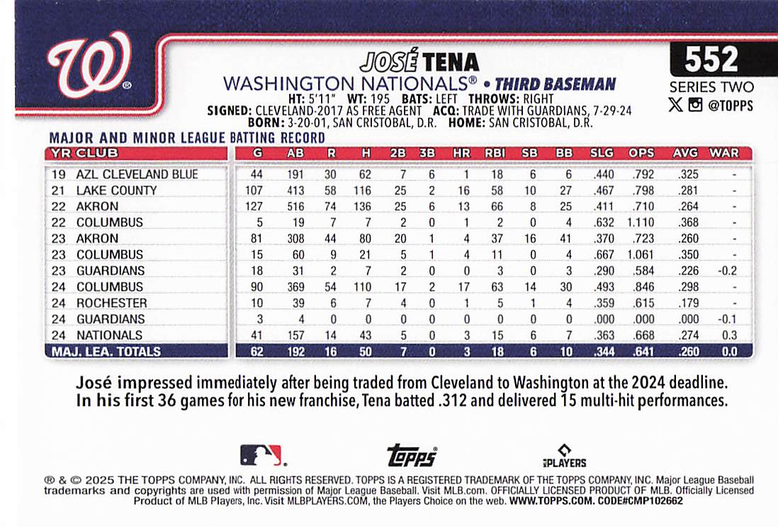 2025 Topps Baseball José Tena #552