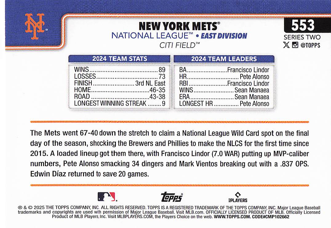 2025 Topps Baseball New York Mets #553
